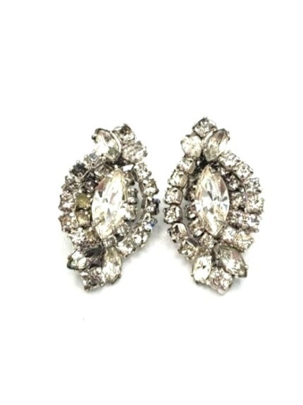 Vintage KRAMER Rhinestone Clip-On Earrings Marquise Cut Clear Crystals Silver-To